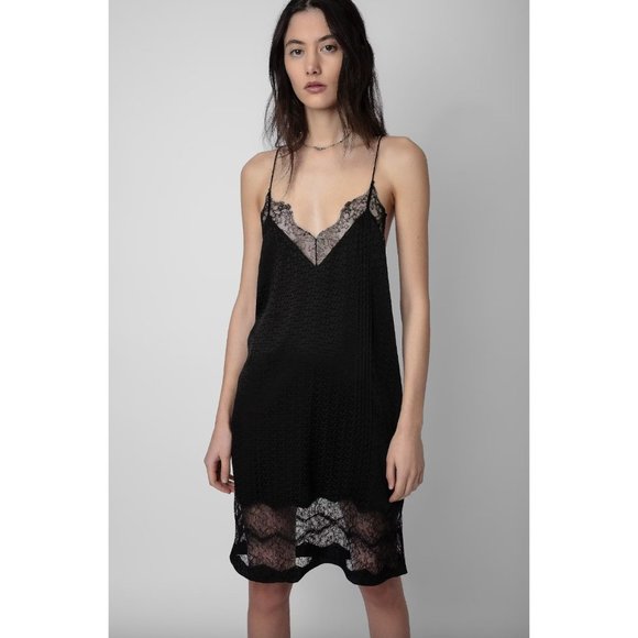 Zadig & Voltaire Dresses & Skirts - Zadig & Voltaire Black Jacquard "Crystal" Lace Trim Silk Mini Slip Dress sz S